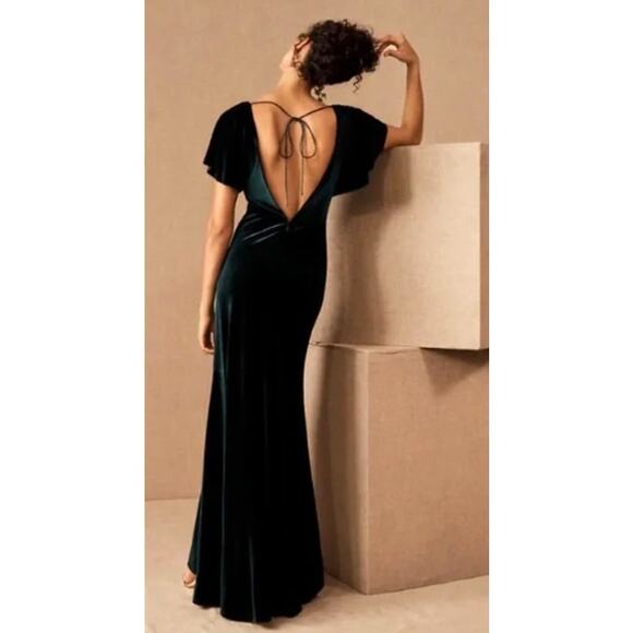 JENNY YOO BHLDN Ellis Flutter-Sleeve OpenBack Velvet Gown 6 Emerald Green Dress - Picture 5 of 14